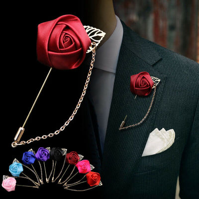 U2Y7 ชายเสื้อ Leaf อุปกรณ์เสริม lapel Pin Rose Boutonniere Chain เข็มกลัดคลิปเจ้าบ่าวของขวัญ Lovely Party