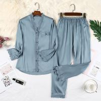 V-Neck Sleepwear Women Satin Pajamas Set 2023 Spring Summer New Nightwear Logn Sleeve Rayon 2PCS Pyjamas Suit Thin Home Wear