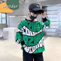 WANDER เสื้อแขนยาวโสด เสื้อสเวตเตอร์ของเด็กชาย พิมพ์ตัวอักษรเกาหลีอินเทรนด์ เสื้อสวมหัวผ้าฝ้ายแท้สำหรับเด็กโต23722