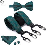 Hi-Tie Silk Mens Suspenders Set Green Floral 6 Clips Adjustable Braces Bowtie Hanky Cufflinks Black Leather Y Back Straps Gift