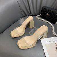 Brand Design Platform High Heels Slippers Women Chic Square Toe Transparent PVC Beige Sandals Women Street Style Outside Wear