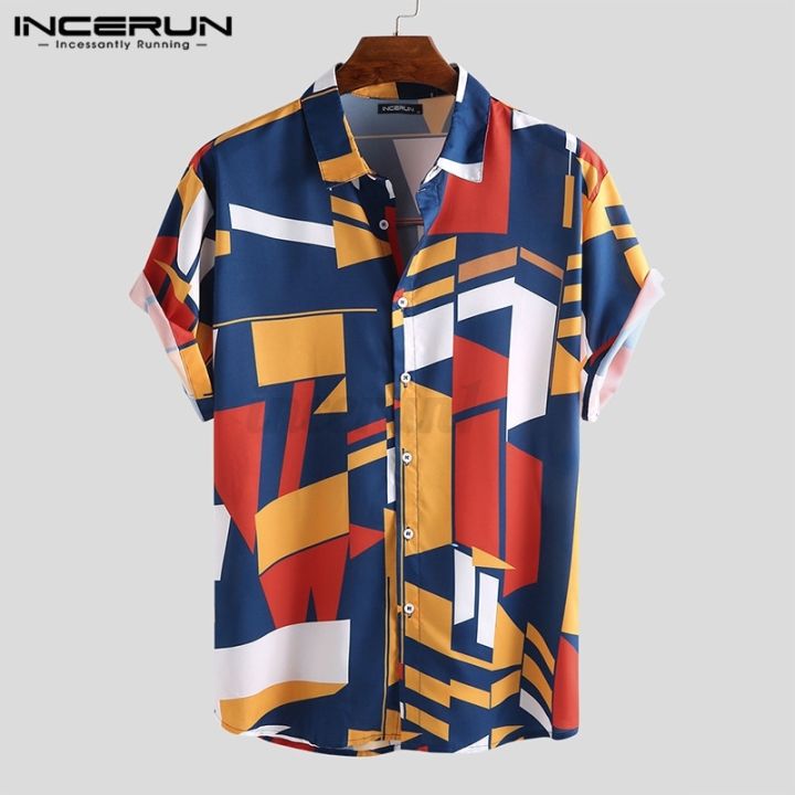 incerun-เสื้อเชิ้ตลําลอง-แขนสั้น-พิมพ์ลายเรขาคณิต-ติดกระดุม-สําหรับผู้ชาย