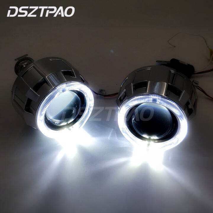 LED Angel Eyes Halos Bi xenon Lens Projector Headlight For Car Retrofit DIY W Daytime Running