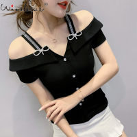 Summer European Clothes T-Shirt Fashion Off Shoulder Diamonds Women Tops Elegant Cotton Sexy Back Short Sleeve Tees 2021 T14507A