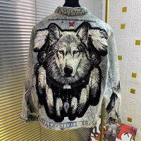 New Jacket For Men 2022 Punk Style Novel Wolf Embroidered Rivet Jean Heavy Craft Coat Male Denim Overcoat Streetwear High Qual