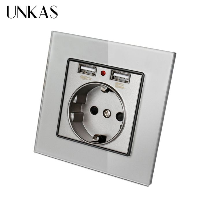 unkas-crystal-glass-panel-dual-usb-charging-port-2-1a-16a-russia-spain-wall-socket-eu-power-outlet-white-black-gold-grey