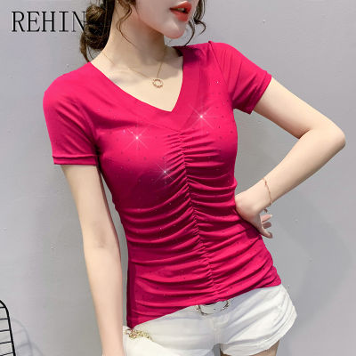 REHIN เสื้อลูกไม้แขนสั้นสำหรับผู้หญิง,สว่านร้อนหนักสไตล์ยุโรปเสื้อยืดอินเทรนด์เสื้อเชิ้ตสีพื้นเข้ารูป
