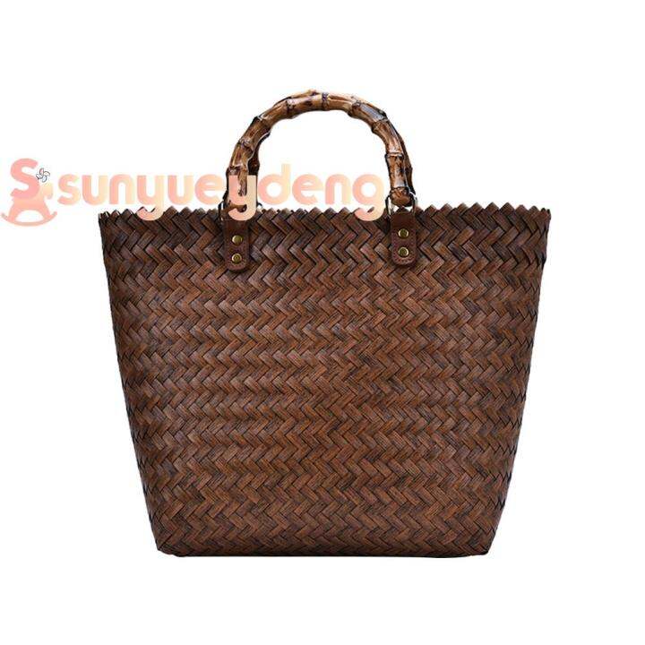 ผู้หญิงกระเป๋าถือสานจักสานหวาย-handmade-ถักความจุมาก-beach-totes