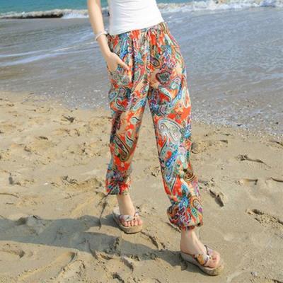 กางเกงบลูมเมอร์ฤดูร้อนผ้าชีฟองเอวบางกางเกงชายหาดโบฮีเมียนวันหยุดหลวมพิมพ์กางเกงฮาเร็มลำลอง