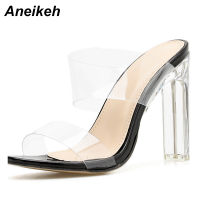 Aneikeh 2022 SummerNew PVC Jelly Sandals Crystal Open Toed y Thin Heels Crystal Women Transparent Heel Sandals Slippers Pumps