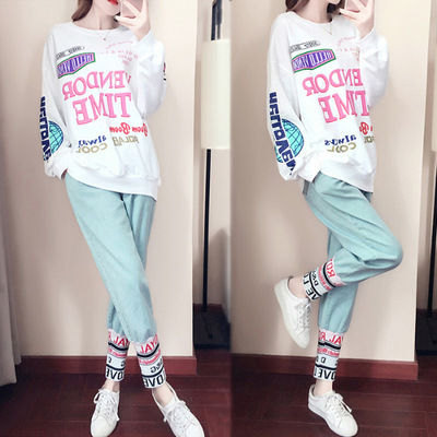 [Spot] two-piece suit womens sports casual hip hop sweater fashion Korean style loose outfit Womens 2023