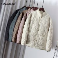 ZZOOI Schinteon Women Light Ultra White Duck Down Jacket Autumn Winter Outwear Casual Argyle Stand Collar Simple Coat Korean Style