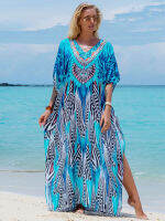 Bohemian Seaside Plus ขนาดพิมพ์ Kaftan Maxi ชุด V คอ Slit หลวม Robe ผู้หญิง2023ฤดูร้อน Beachwear ชุดว่ายน้ำ Cover-Ups Q1415