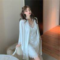 【 WYIN kitchen】 White Robe Set Women Kimono Gown Sleep Suit Sexy Lace Hollow Out Nightdress Spring Bathrobe Casual Rayon Sleepwear Home Dress