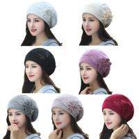 ผู้หญิงถังหมวกกระต่ายผมผสม Beret หมวกฤดูหนาวหมวกหมวกดอกไม้ Rhinestones ตกแต่งหนึ่งขนาด7สีทึบ