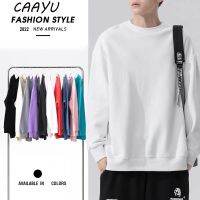 CAAYU เสื้อผ้าแนวสตรีทญี่ปุ่นสีพื้นเสื้อกีฬาคอกลมสำหรับบุรุษ,เสื้อผ้าฮาราจูกุฮิปฮอปแบบเรียบง่ายลำลองโอเวอร์ไซส์คอกลมไซส์