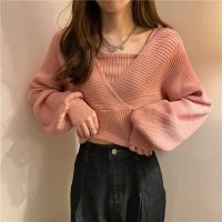 Spot parcel post Spring and Autumn New Design Sense Fake Two Pieces Square Collar Bottoming Shirt Fashion Short All-Match Sweater Puff Sleeve Sweater for Women