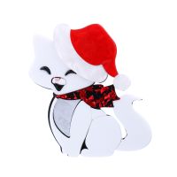 Wuli amp;baby Acrylic Christmas Simling Cat in Hat Brooch Pins For Women Gift Cute Animal Jewelry Brooches