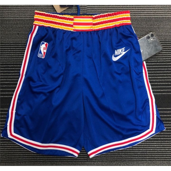 ขายเสื้อผ้าบาสเกตบอลสูง-hot-pressed-2022-nba-golden-state-warriors-retro-blue-basketball-shorts