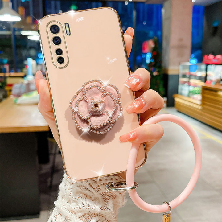 andyh-for-oppo-a91-reno-3-case-fashion-luxury-beautiful-girls-floral-stand-hand-ring-simple-solid-color-plated-soft-phone-case
