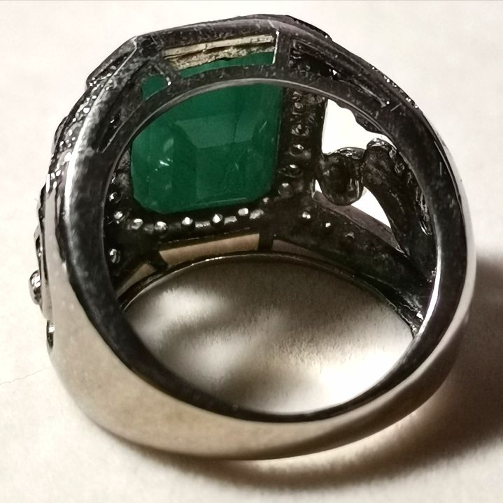 แหวนมรกตแท้จากประเทศแซมเบีย-ทรงเหลี่ยม-เรือนเงินแท้-925-ล้อมเพชร-cz-ไซส์-54