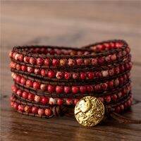 ใหม่สุดพิเศษสำหรับผู้หญิงสร้อยข้อมือ Boho สีแดง King Jasper 5ครั้งสายหนังกำไลลูกปัดผ้าสานเครื่องประดับ Femme