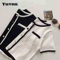 Yuvon Knitted Short-Sleeved Fashion Womens Clothing Summer New Korean Style Office Retro Slim Fit Color Matching Crop Top Blouse