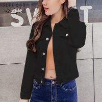 ZZOOI New Solid Denim JacketWomen Short Overcoat Ladies JacketTops Long Sleeve Casual Slim White Black Jeans Top For Women 4866 50