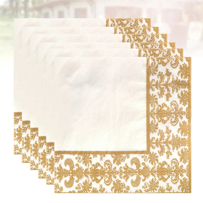 2X กระดาษเช็ดปากแบบใช้แล้วทิ้งพิมพ์สีทอง100ชิ้นสำหรับร้านอาหารและโรงแรม (สีทองสีขาว)