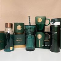 Starbucks Cup New Dark Green Goddess Glass Straw Cup Striped Nameplate Mark Coffee Desktop Insulation Cup