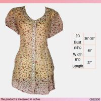 USED - Sheer Cream Floral Long Top | เสื้่อแขนสั้นสีครีม สีแดง เสื้อซีทรู ลายดอก คอกลม กระดุม ตัวยาว ทำงาน วินเทจ มือสอง