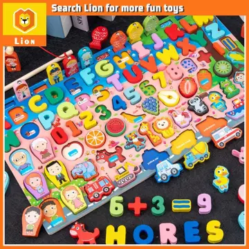 Educational Montessori Wooden Toys For Kids Count Numbers Board Math Fishing  Toy