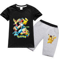 Pokémons Ash Ketchum Pikachu เสื้อผ้าท่อนล่างสำหรับฤดูร้อนฤดูใบไม้ร่วงเด็กหญิงเด็กชายการ์ตูนผ้าฝ้ายชุดเซ็ตกางเกงขาสั้นสำหรับเด็ก0000