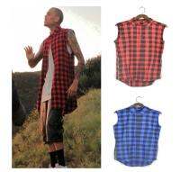 Chris plaid shirt outfit men Hip hop men clothes fashion side zipper Black whiteblue red plaid shirts sleeveless long men