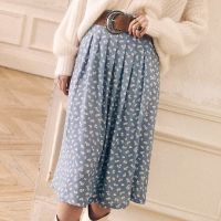 Floral Printed Womens Slit Blue Skirt Pleated Female Fresh Midi Jupe  Spring Summer new