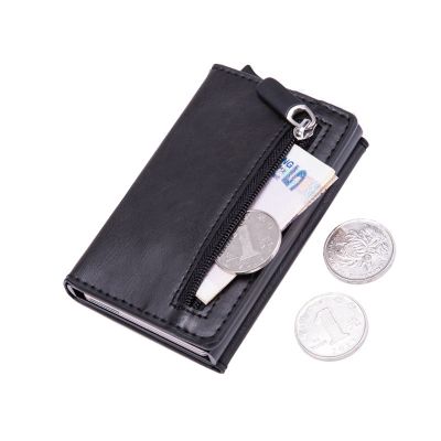 Casing tempat kartu Id Anti Rfid Pria Wanita dompet logam kulit pria dompet koin Mini karbon pemegang kartu kredit dengan ritsleting