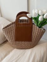 Spring and summer woven large bags 2023 new trendy foreign style portable tote bag womens large-capacity commuting single-shoulder straw woven bag 【QYUE】