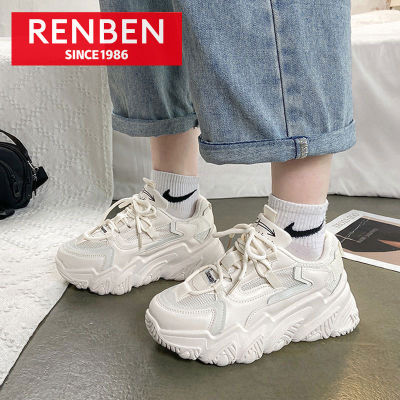 RENBEN รองเท้าผู้หญิงสีขาว,รองเท้าผ้าใบลำลองแพลตฟอร์มอเนกประสงค์สีขาวยอดนิยมรองเท้าคุณพ่ออินเทรนด์