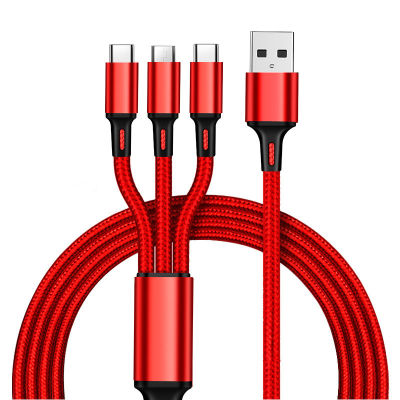 Nylon Woven One-To-Three Data Cable Multi-Head 2A Fast Charging Three-In-One Mobile Phone Charging Line Logo Small Gift Wholesale