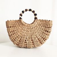 23 beads handle moon round bucket woven hollow straw woven bag retro literary and artistic forest travel womens bag 〖WYUE〗