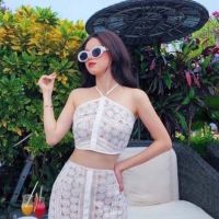 P010-010 PIMNADACLOSET - Halter Neck Crop Top Long Lace Dress Set