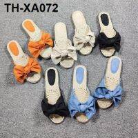 Low-heel straw woven fairy style flat sandals and slippers womens summer net red hot style bow suede slipper