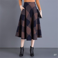 Vintage Plus Size 4xl Woolen Midi Skits Women Elegant Autumn Winter Plaid Skirt Office Ladies Fashion Saias Wool Prints Skits