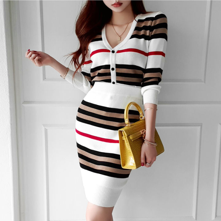 new-autumn-2-piece-suit-ladies-winter-knitting-striped-korea-long-sleeve-v-neck-tops-and-mini-skirt-sexy-set-for-women-clothing