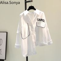 Alisa.sonya เสื้อสตรีผ้าลินินมีกระเป๋า,กระดุมผ้าคอตตอนสไตล์เกาหลีลำลองมีปกเสื้อตัวหลวมแขนยาว