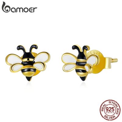 Bamoer หูต่างหูผึ้งเล็กๆน้อยๆหู925เงินสเตอร์ลิงแมลงสัตว์เคลือบสีเหลืองสำหรับผู้หญิง SCE1182สร้อยคอประดับ