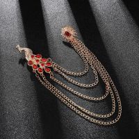 Vintage Brooch Peacock Tassel Collar Pins with Chain Men Suit Shirt Luxury Crystal Corsage Fashion Jewelry