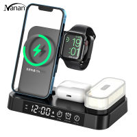 【New product】4 In 1 Wireless Fast Charger Alarm Clock Rgb Night Light Wireless Charging Station For Watch Phone Earphone