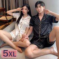 【love beautiful clothes】 M 5XL 2021ใหม่ฤดูร้อนชุดนอนคู่สั้นคนรักชุดนอนผ้าไหมสำหรับผู้ชายผู้หญิง2ชิ้นขนาดพิเศษชุดสั้นหรูหราบ้านชุดนอน Hombre