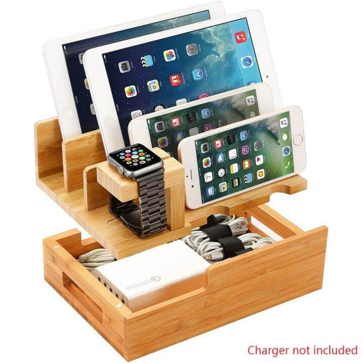 Cell Phone Tablet Holder Bamboo Wood Charging Station Cable Storage Box